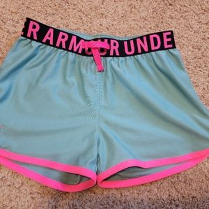 Under Armour Girls Athletic Shorts Size YLG, Teal with Pink Trim